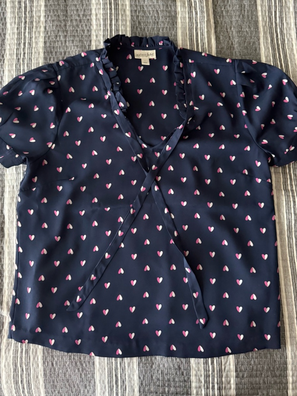 Maison Jules Navy Blouse with Pink and White Heart Print